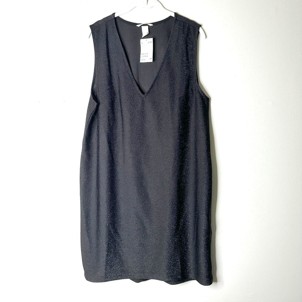 H&M Dress Women L Black Mini V-neck Shimmery Shift Party Evening Clubwear NWT